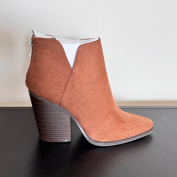 Suede Chunky Heel Ankle Boots Camel Brown Zipper - Picture 9 of 12